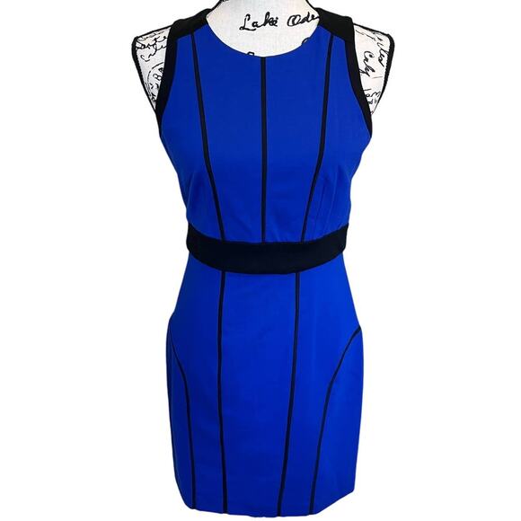 Cynthia Steffe Blue Sheath Dress Black Piping Sleeveless Structured Office Chic - Picture 1 of 11